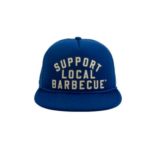 PAKO DESIGNS - SUPPORT LOCAL BARBECUE™ - TRUCKER HAT IN BASEBALL BLUE, WHITE & GOLD