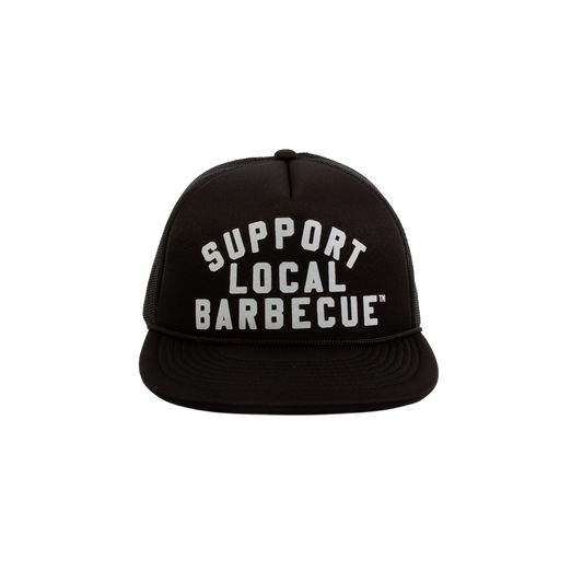 PAKO DESIGNS - SUPPORT LOCAL BARBECUE™ - BLACK TRUCKER HAT WITH WHITE