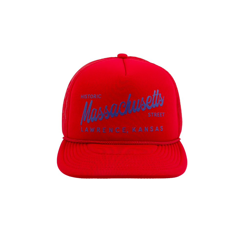 PAKO DESIGNS - MASSACHUSETTS STREET - FOAM TRUCKER HAT - LAWRENCE RED & BLUE