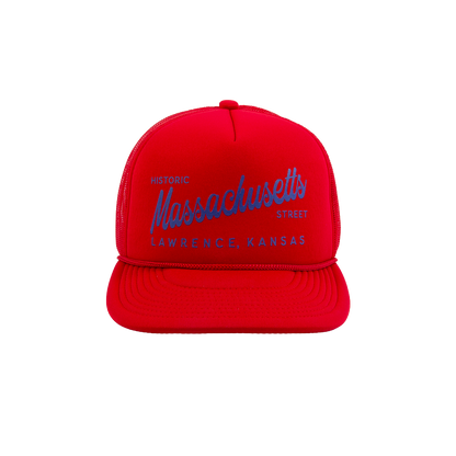 PAKO DESIGNS - MASSACHUSETTS STREET - FOAM TRUCKER HAT - LAWRENCE RED & BLUE