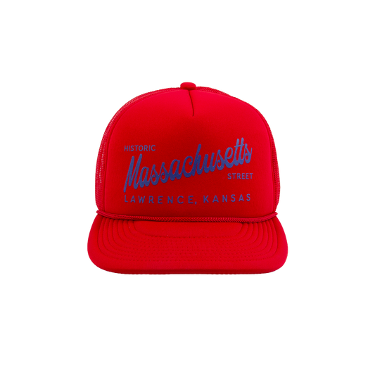 PAKO DESIGNS - MASSACHUSETTS STREET - FOAM TRUCKER HAT - LAWRENCE RED & BLUE