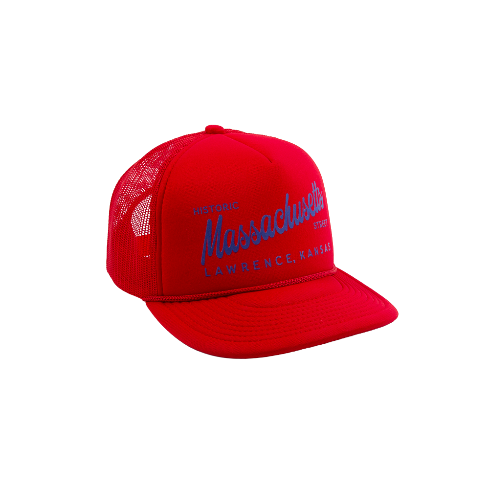 PAKO DESIGNS - MASSACHUSETTS STREET - FOAM TRUCKER HAT - LAWRENCE RED & BLUE