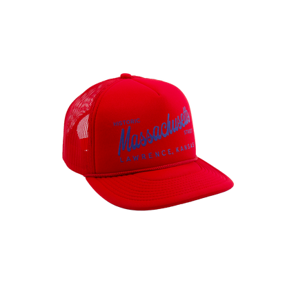 PAKO DESIGNS - MASSACHUSETTS STREET - FOAM TRUCKER HAT - LAWRENCE RED & BLUE
