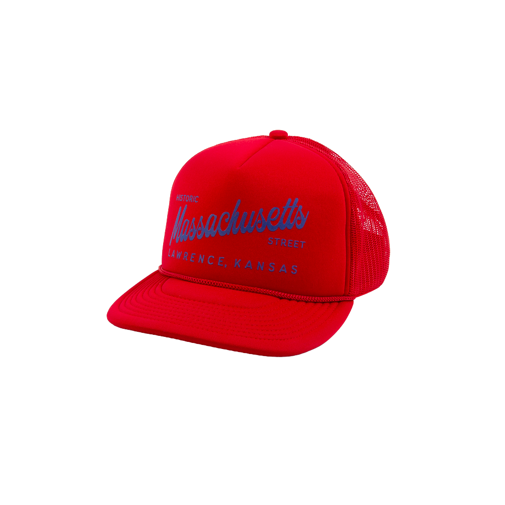 PAKO DESIGNS - MASSACHUSETTS STREET - FOAM TRUCKER HAT - LAWRENCE RED & BLUE
