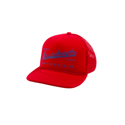 PAKO DESIGNS - MASSACHUSETTS STREET - FOAM TRUCKER HAT - LAWRENCE RED & BLUE
