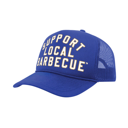 PAKO DESIGNS - SUPPORT LOCAL BARBECUE™ - TRUCKER HAT IN BASEBALL BLUE, WHITE & GOLD
