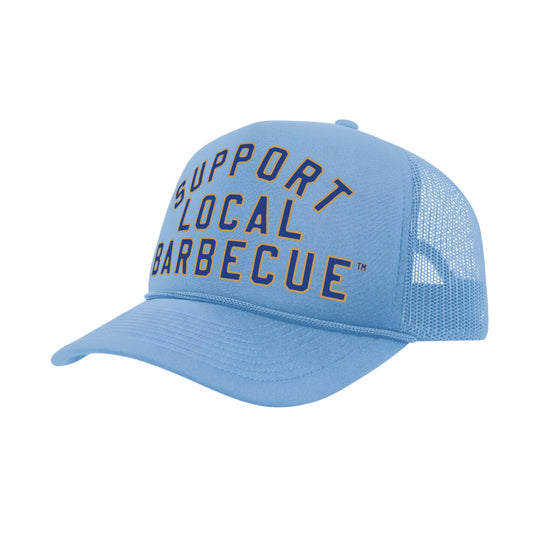 PAKO DESIGNS - SUPPORT LOCAL BARBECUE™ - TRUCKER HAT IN LIGHT BASEBALL BLUE, BASEBALL BLUE & GOLD