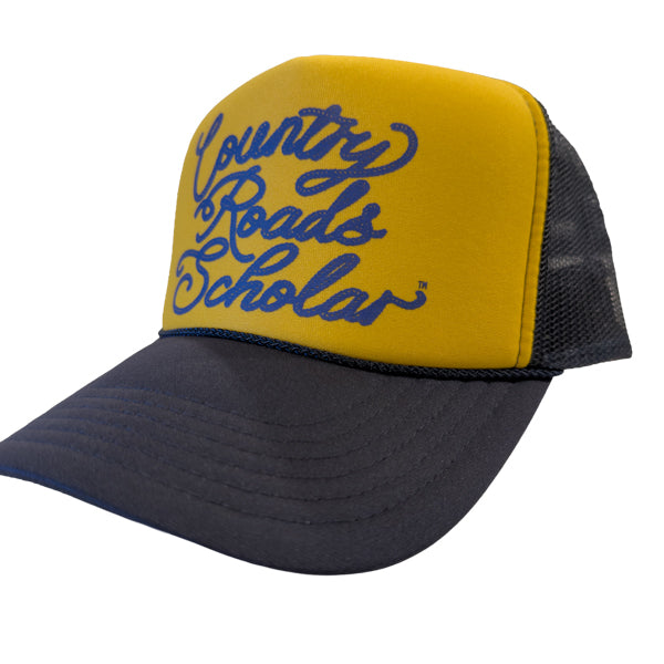 PAKO DESIGNS - COUNTRY ROADS SCHOLAR™ - FOAM TRUCKER HAT - NAVY & GOLD TRICOLOR SCRIPT