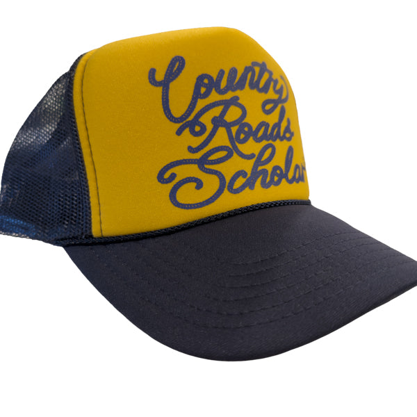 PAKO DESIGNS - COUNTRY ROADS SCHOLAR™ - FOAM TRUCKER HAT - NAVY & GOLD TRICOLOR SCRIPT