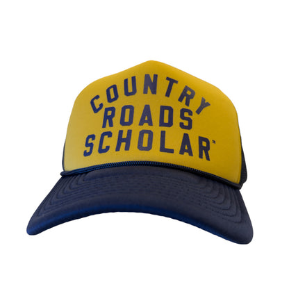 PAKO DESIGNS - COUNTRY ROADS SCHOLAR™ - FOAM TRUCKER HAT - NAVY & GOLD TRICOLOR