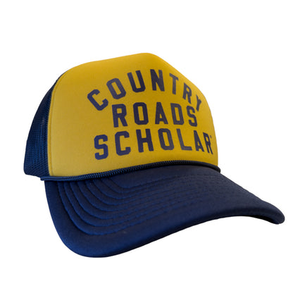 PAKO DESIGNS - COUNTRY ROADS SCHOLAR™ - FOAM TRUCKER HAT - NAVY & GOLD TRICOLOR