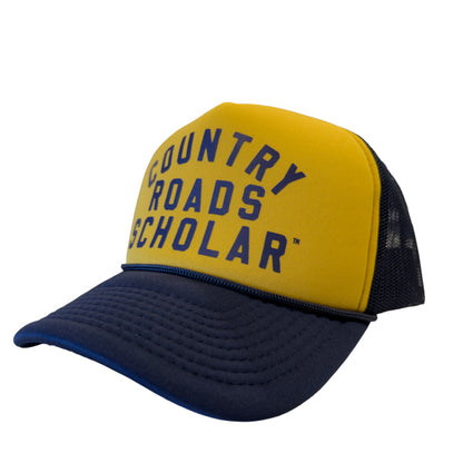 PAKO DESIGNS - COUNTRY ROADS SCHOLAR™ - FOAM TRUCKER HAT - NAVY & GOLD TRICOLOR