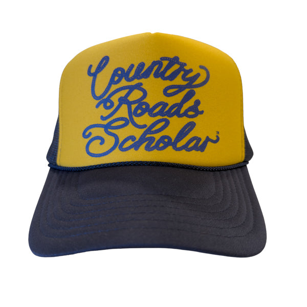 PAKO DESIGNS - COUNTRY ROADS SCHOLAR™ - FOAM TRUCKER HAT - NAVY & GOLD TRICOLOR SCRIPT