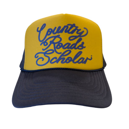 PAKO DESIGNS - COUNTRY ROADS SCHOLAR™ - FOAM TRUCKER HAT - NAVY & GOLD TRICOLOR SCRIPT