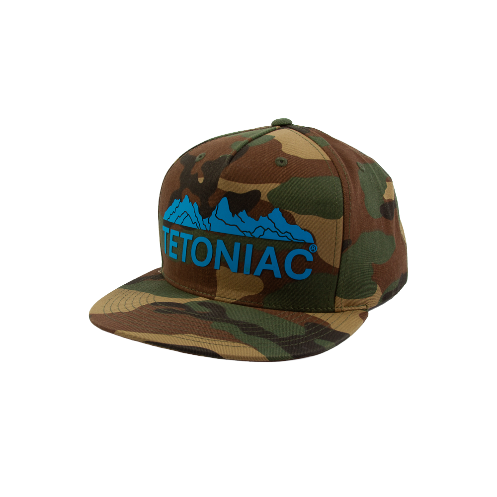 PAKO DESIGNS - TETONIAC® 5 PANEL FLAT BILL TWILL TRUCKER HAT - WOODLAND CAMO / MALIBU BLUE SILICONE