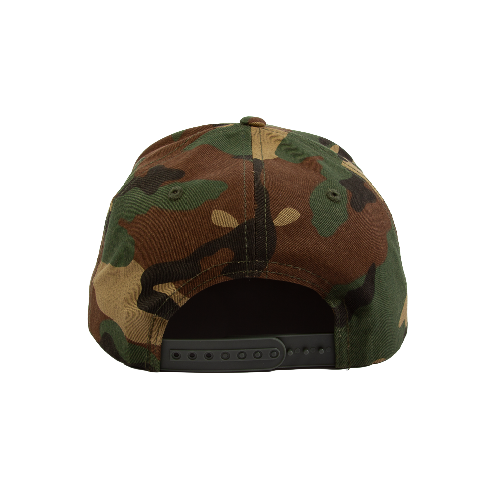 PAKO DESIGNS - TETONIAC® 5 PANEL FLAT BILL TWILL TRUCKER HAT - WOODLAND CAMO / MALIBU BLUE SILICONE