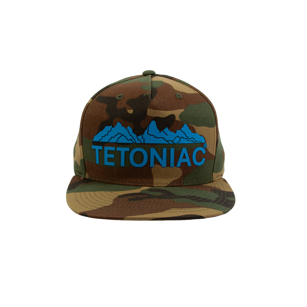 PAKO DESIGNS - TETONIAC® 5 PANEL FLAT BILL TWILL TRUCKER HAT - WOODLAND CAMO / MALIBU BLUE SILICONE