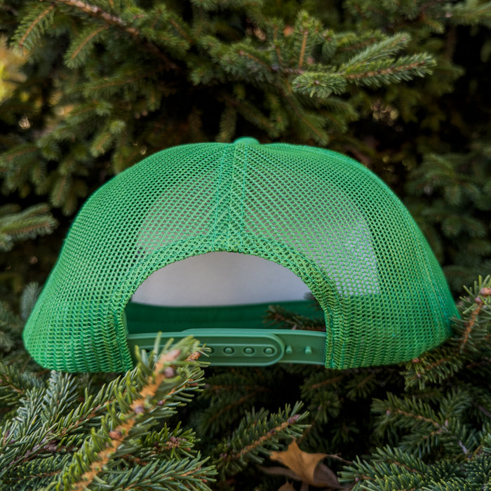 Green mesh cap on a background of green foliage