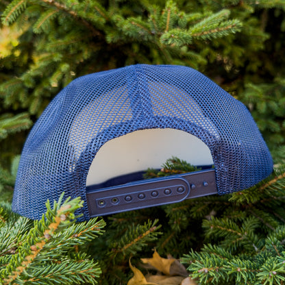 PAKO DESIGNS - TETONIAC™ 5 PANEL FLAT BILL FOAM TRUCKER HAT - NAVY / SAGE