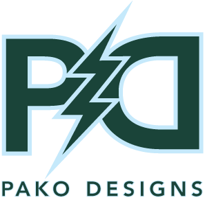 Pako Designs logo with a stylized letter 'P' and 'D' with lightning bolt