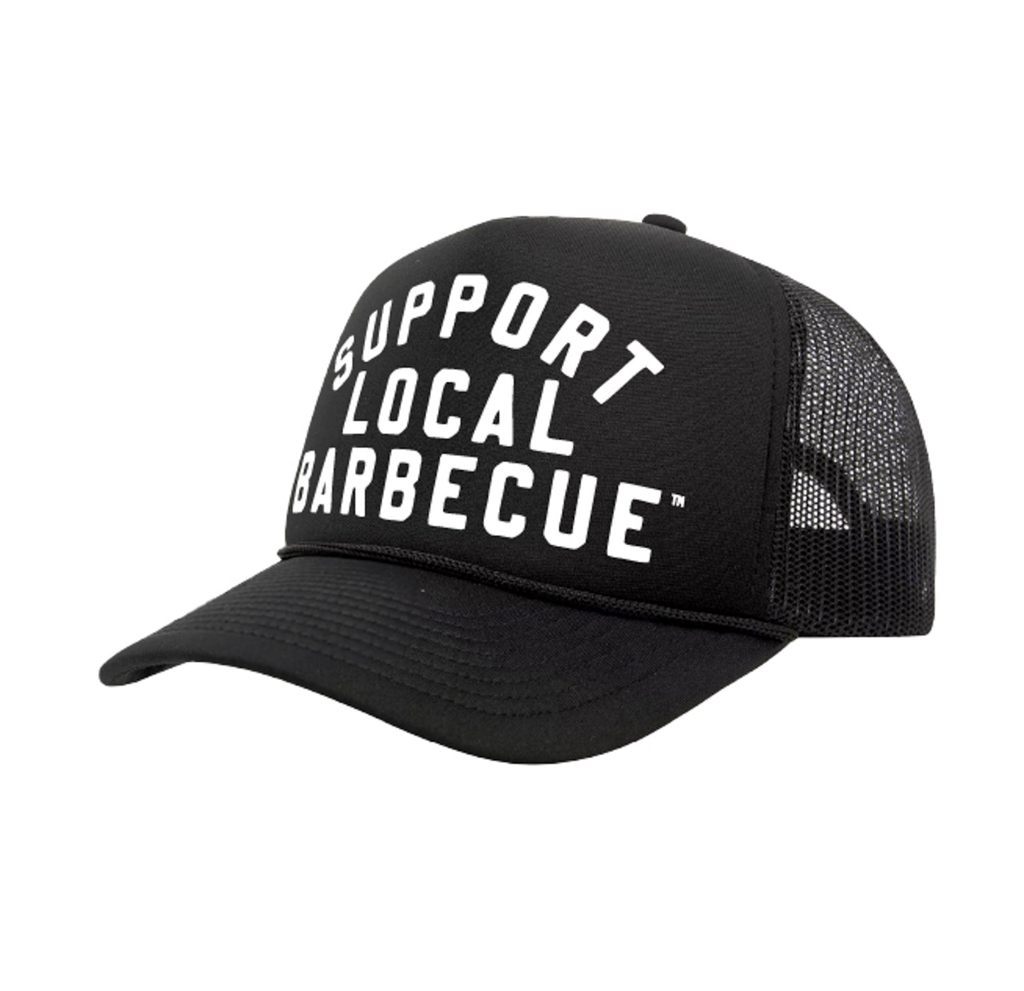 PAKO DESIGNS - SUPPORT LOCAL BARBECUE™ - BLACK TRUCKER HAT WITH WHITE