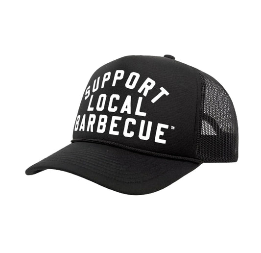 PAKO DESIGNS - SUPPORT LOCAL BARBECUE™ - BLACK TRUCKER HAT WITH WHITE