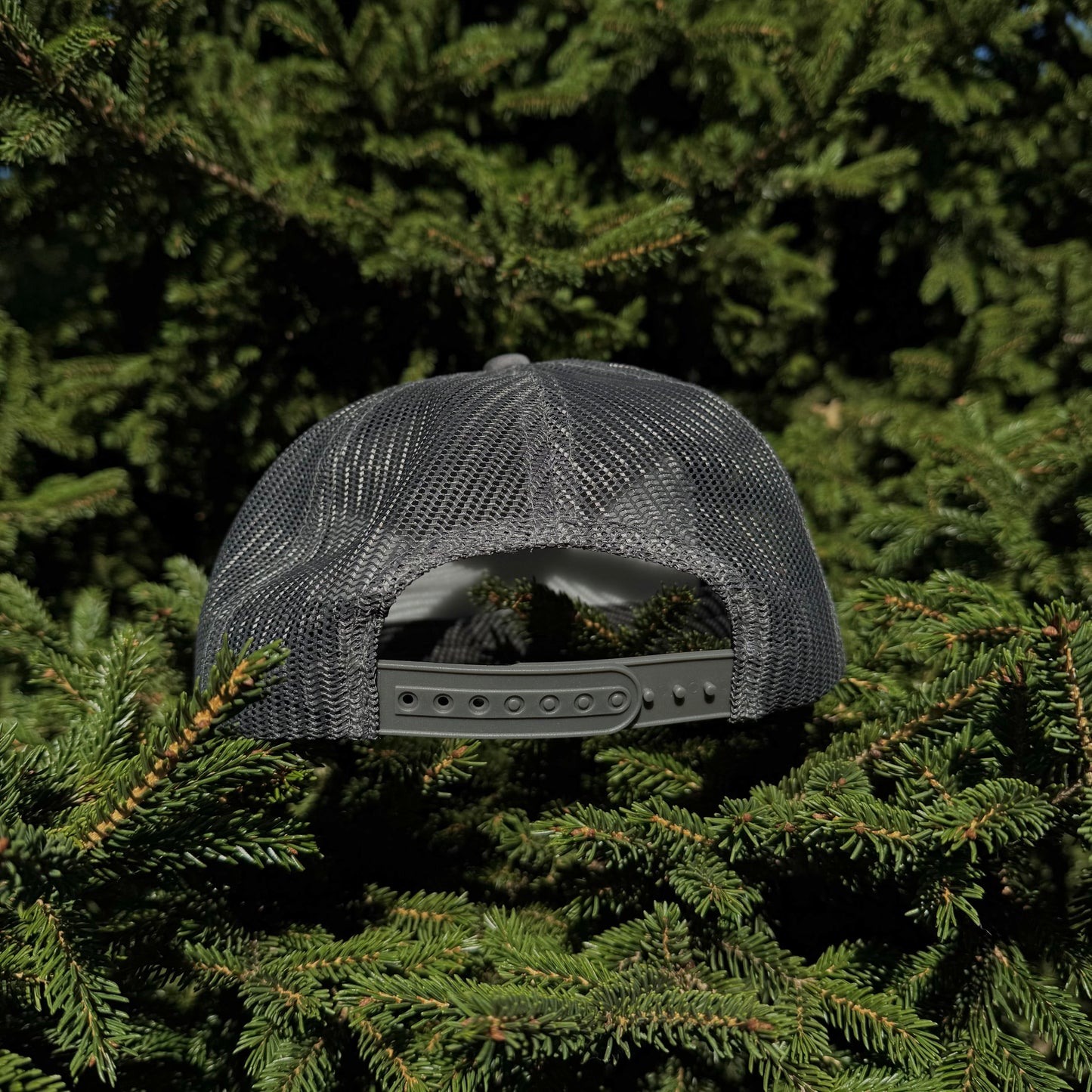 A back view of a PAKO Designs coal colored 5 panel foam trucker hat with the Tetoniac logo in Seafoam displayed against a backdrop of green pine needles.